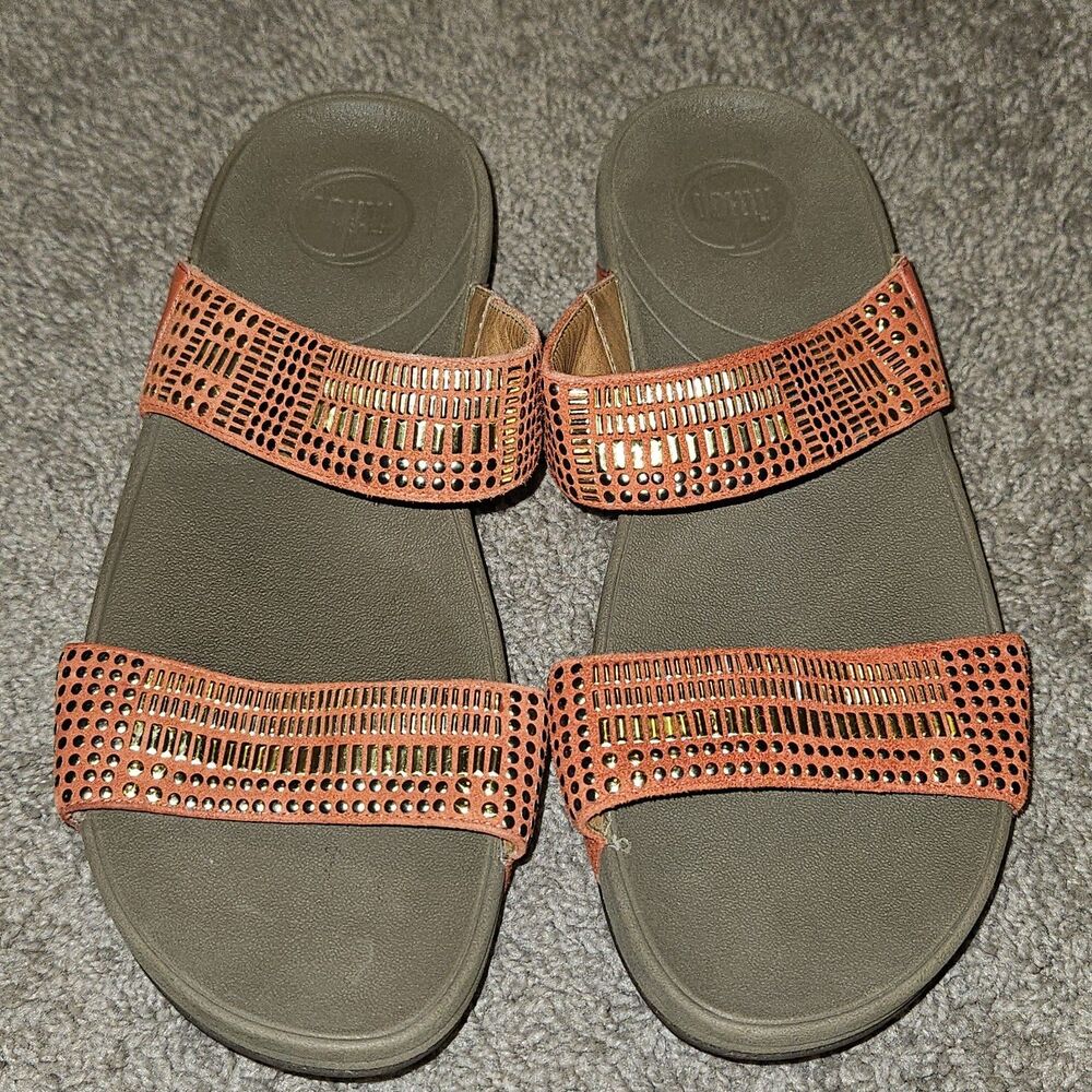 FitFlop Aztec Chada Orange Studded Slide Sandals Size 10 EUC
